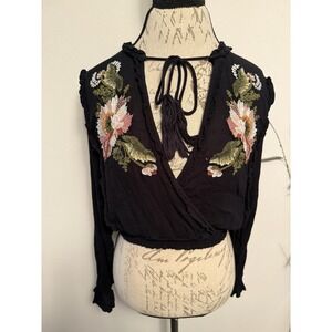 Free People Serafina Boho Top Size Small Black Embroidered Lace Oversized Blouse